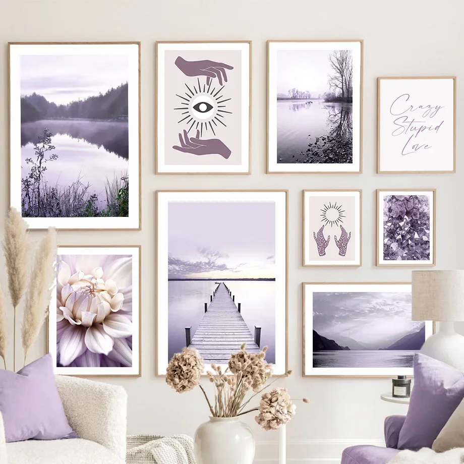 Violet Dream Lake Bridge Bloom Flower Magic Hands Wall Art Canvas Painting Living Room Decor Poster E Stampe Immagini A Parete