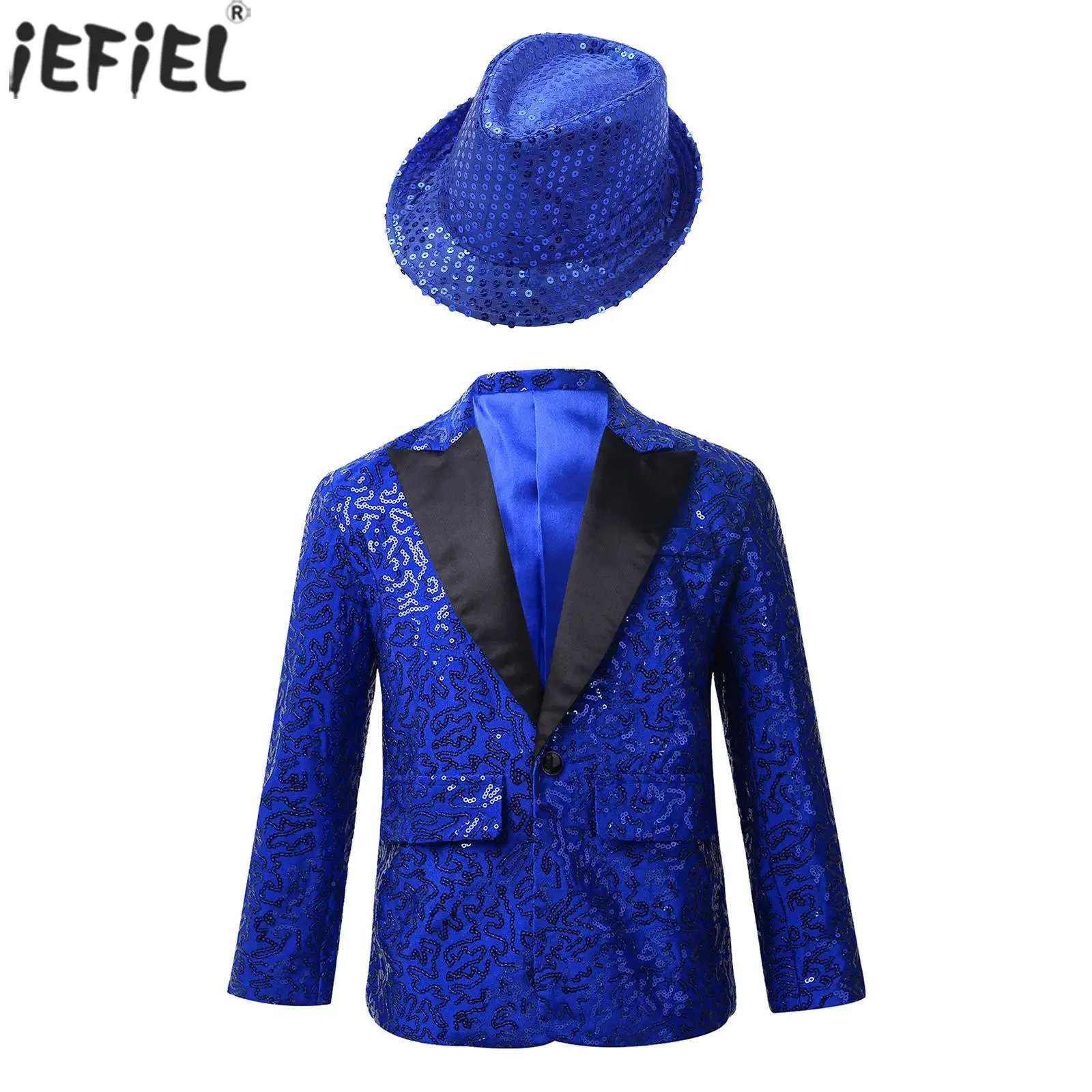 Kids Boys Shiny Paillettes Coat Modren Competition Dance Performance Jacket Banchetto Party Abito Smoking A Maniche Lunghe Con Cappello Fedora