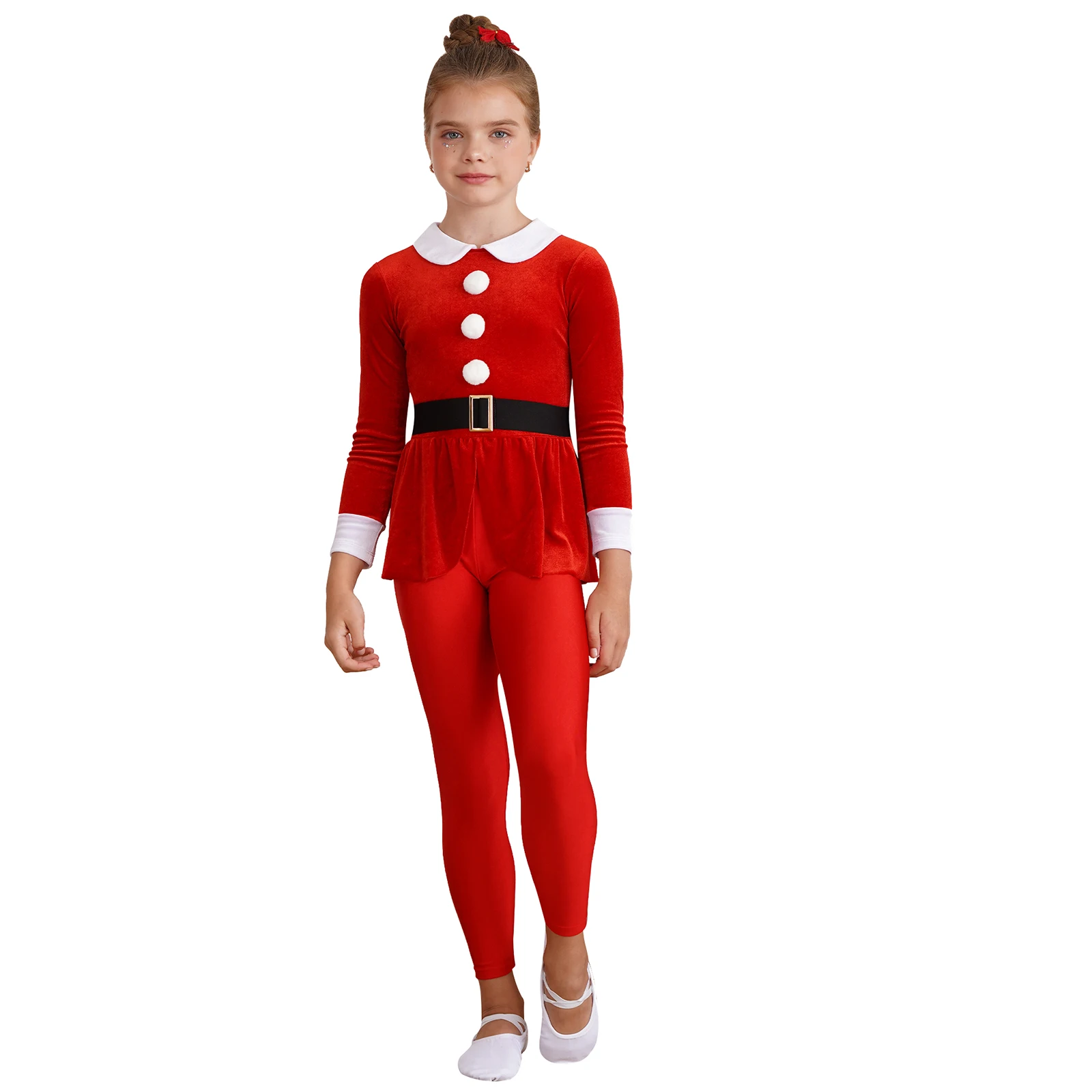 Kids Girls Christmas Elf Costume Halloween Cosplay Santa Claus Body Colletto Con Risvolto Manica Lunga Pompon Tuta Con Cintura