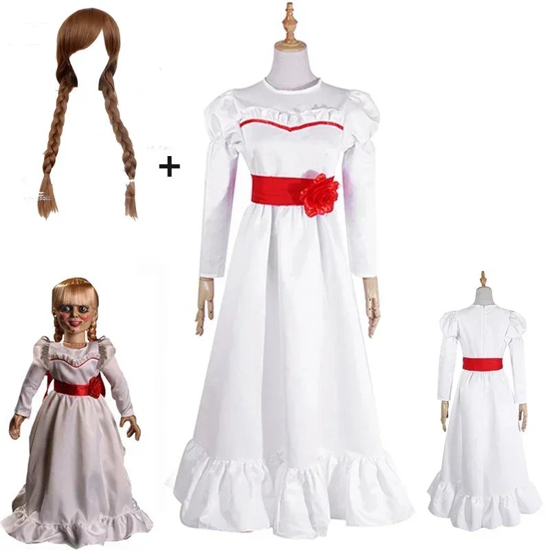 Film Annabel Costume Cosplay Per Le Donne Bambini Adulti Costumi Di Halloween E Parrucca Horror Spaventoso Fancy White Dress Outfits