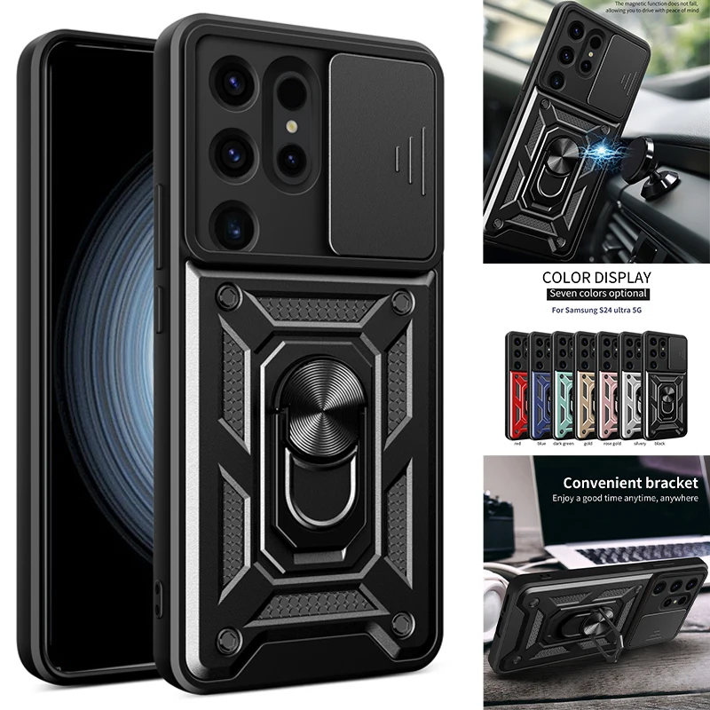 Per Samsung Galaxy S24 Ultra Case Camera Slide Lens Armor Custodia Per Telefono Per Samsung S24 + Plus S24 S 24 Ultra Stand Ring Cover Posteriore