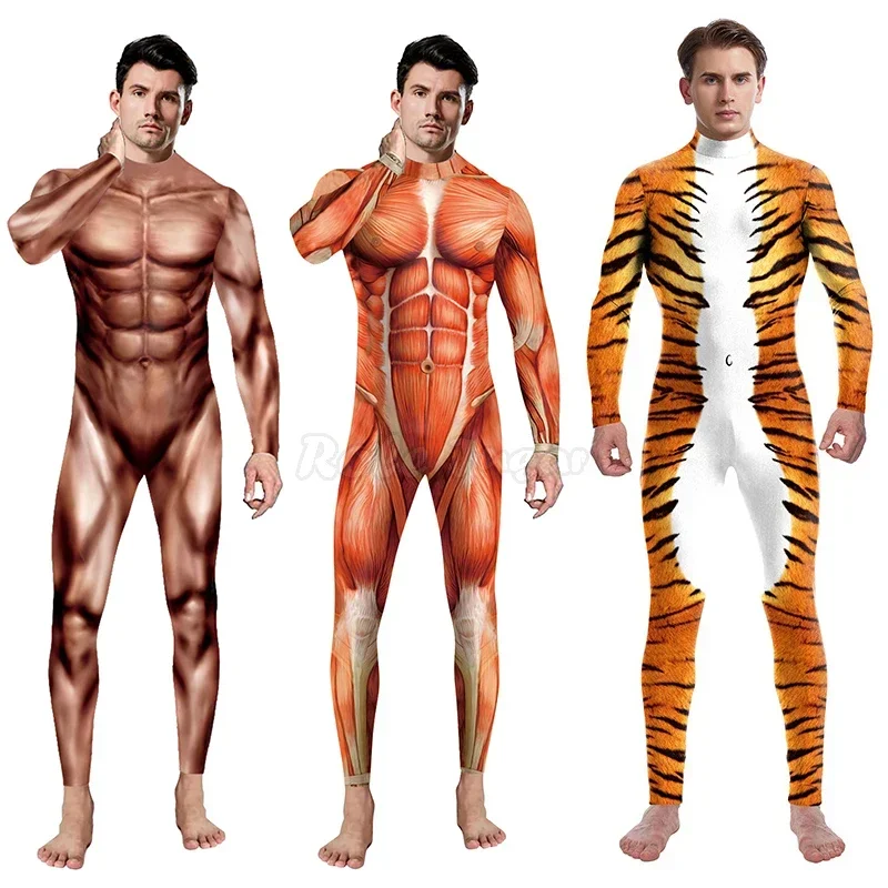 Sexy Uomo Donna Costumi Di Halloween Animal Party Zentai Catsuit Suit Tiger Snake 3D Print Muscle Cosplay Tute