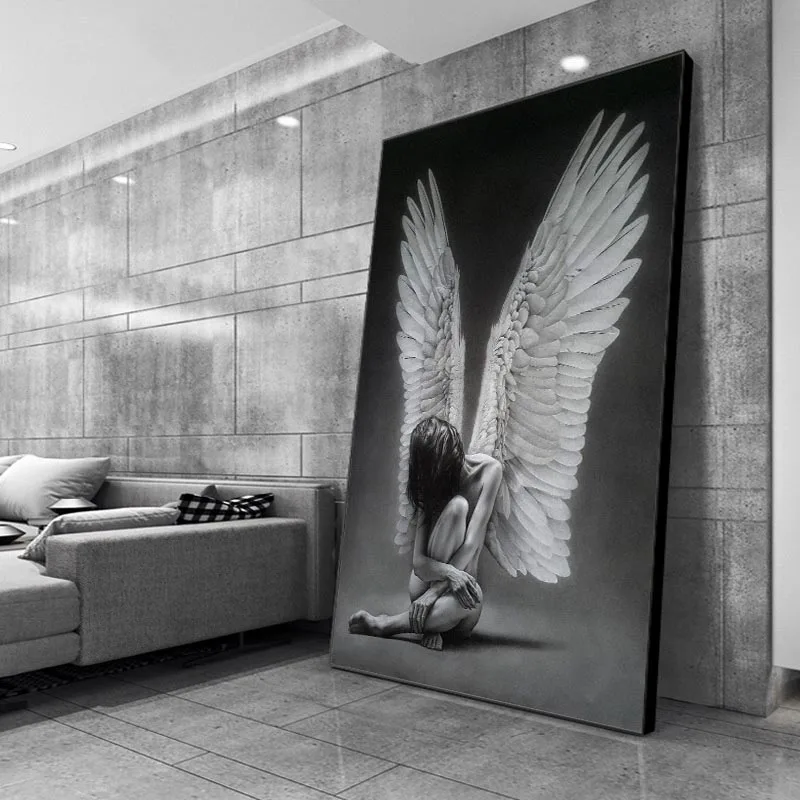 Angel Wings Girl Wall Art Print Canvas Painting Living Room Decor Artwork Nordic Black Poster Camera Da Letto Portico Ingresso Decor Murale
