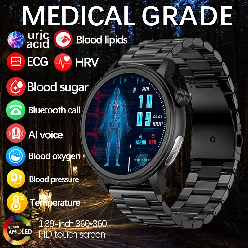2024 Nuovo Monitor Della Glicemia Smartwatch Men Ecg + Ppg Misurazione Della Pressione Sanguigna Ip68 Orologio Intelligente Per La Salute Impermeabile