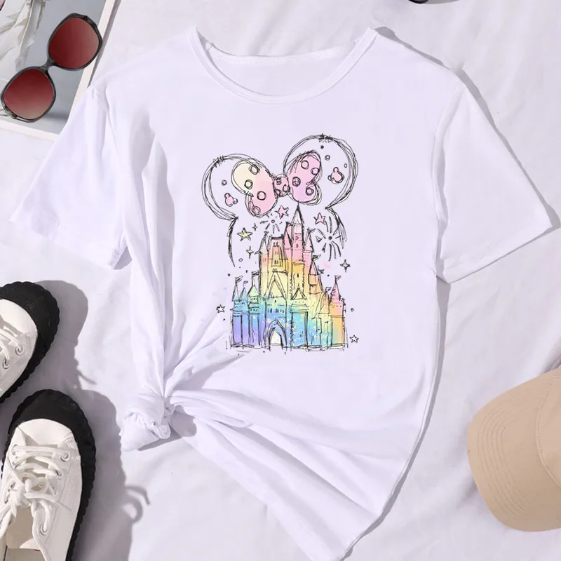 Disney Micky Mouse Ear Dreamy Acquerello Castle Print Maglietta Da Donna Estate Manica Corta Casual Streetwear Top Abbigliamento Femminile