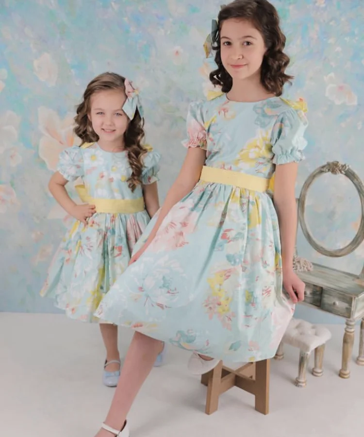 0-12Y Baby Girl Summer Rose Floral Blue Turkish Vintage Lolita Princess Ball Gown Dress Per Le Vacanze Di Compleanno Casual Eid