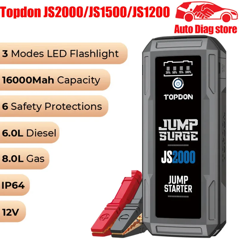 Topdon Js2000/Js1500/Js1200 2000A/1200A Jump Starter Power Bank 12V Dispositivo Di Avviamento Per Auto 16000Mah Batteria Jump Start Per Booster