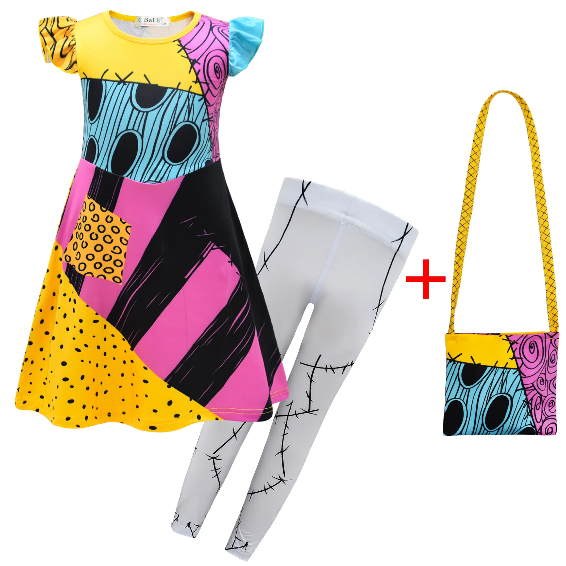 Hot Girls The Nightmare Before Christmas Sally Costume Cosplay Kids Halloween Party Sally Printed Dress + Pants + Bag Cartoon Sets