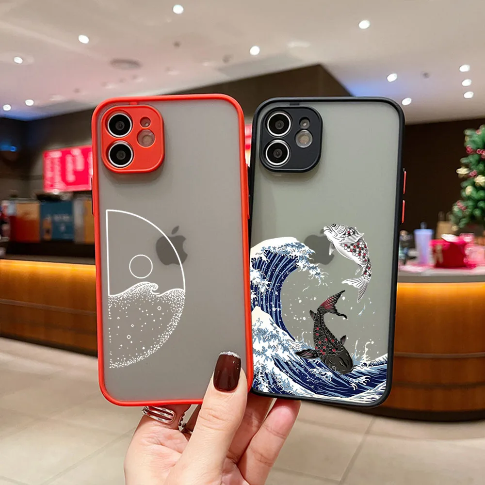 Custodia Per Telefono Per Iphone 15 Pro Max 14 7 8 Se 11 12 13 X Xr Xs Red Yellow Flame Sea Wave Protezione Per Fotocamera Cover Nera Trasparente