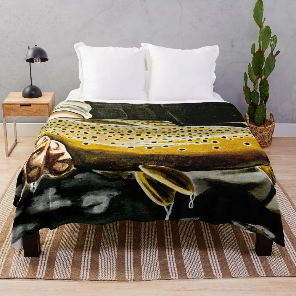 North Platte Brown - Trout Painting Throw Coperta Letto Manga Plaid Sul Divano Coperte