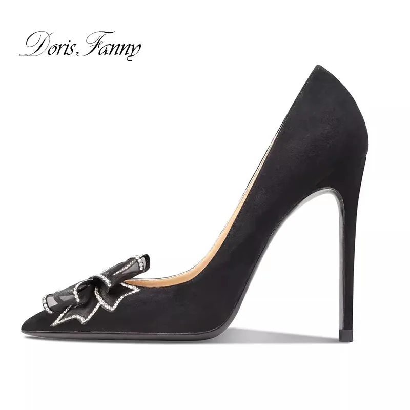 Doris Fanny Tacchi Alti In Pelle Scamosciata Nera Donna Punta A Punta Farfalla Crystal Shallow Sexy Stiletto Party Shoes Fashion New