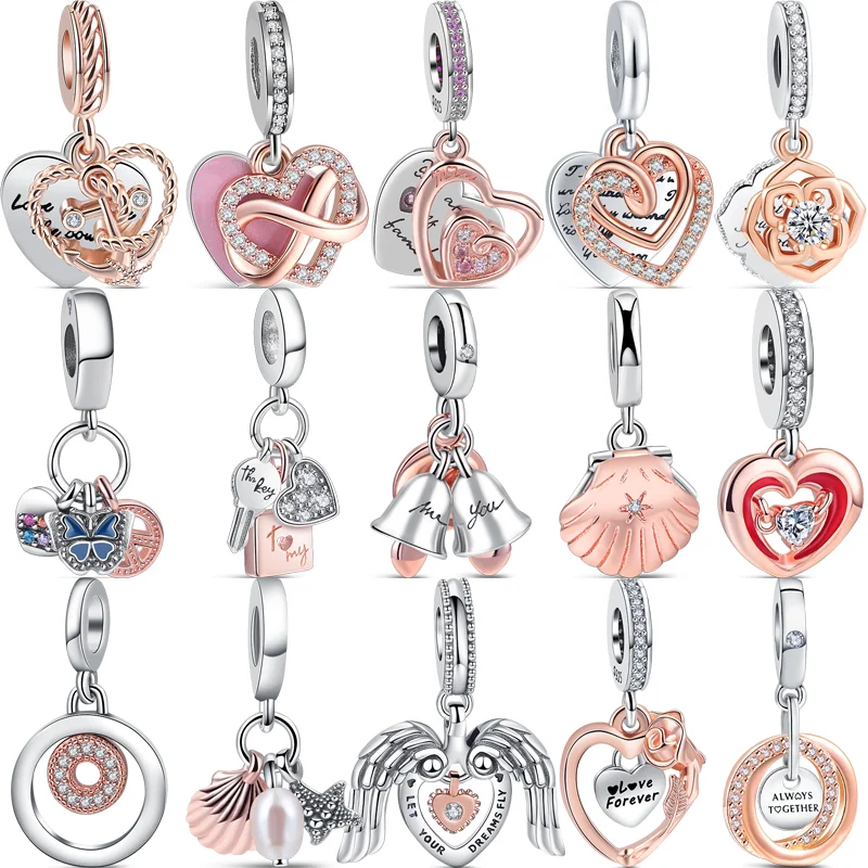 925 Solid Silver Forever Love Infinite Heart Pearl Shell Wings Shiny Two-Tone Beads Fit Original Pandora Charms Bracciale Jewelry