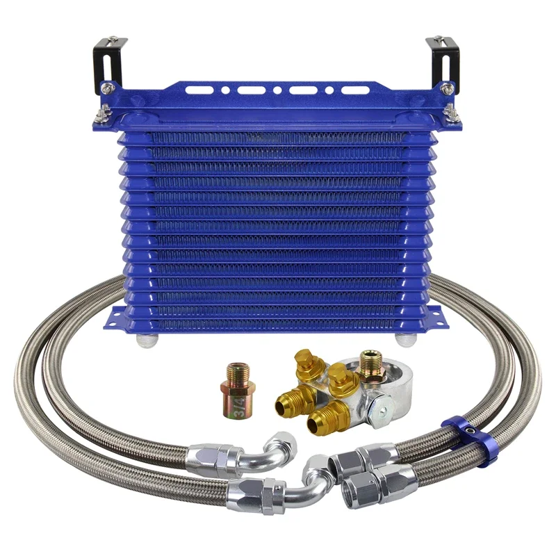 Kit Tubo Adattatore Termostato Radiatore Olio Da Corsa A 15 File Per Auto/Camion Giappone Blu/Nero