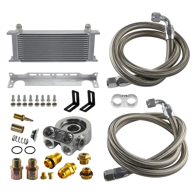 10An Kit Radiatore Olio Motore Universale 15 File Con Filtro Olio Termostatico Adattatore Piastra Sandwich M20X1.5 3/4-16Unf