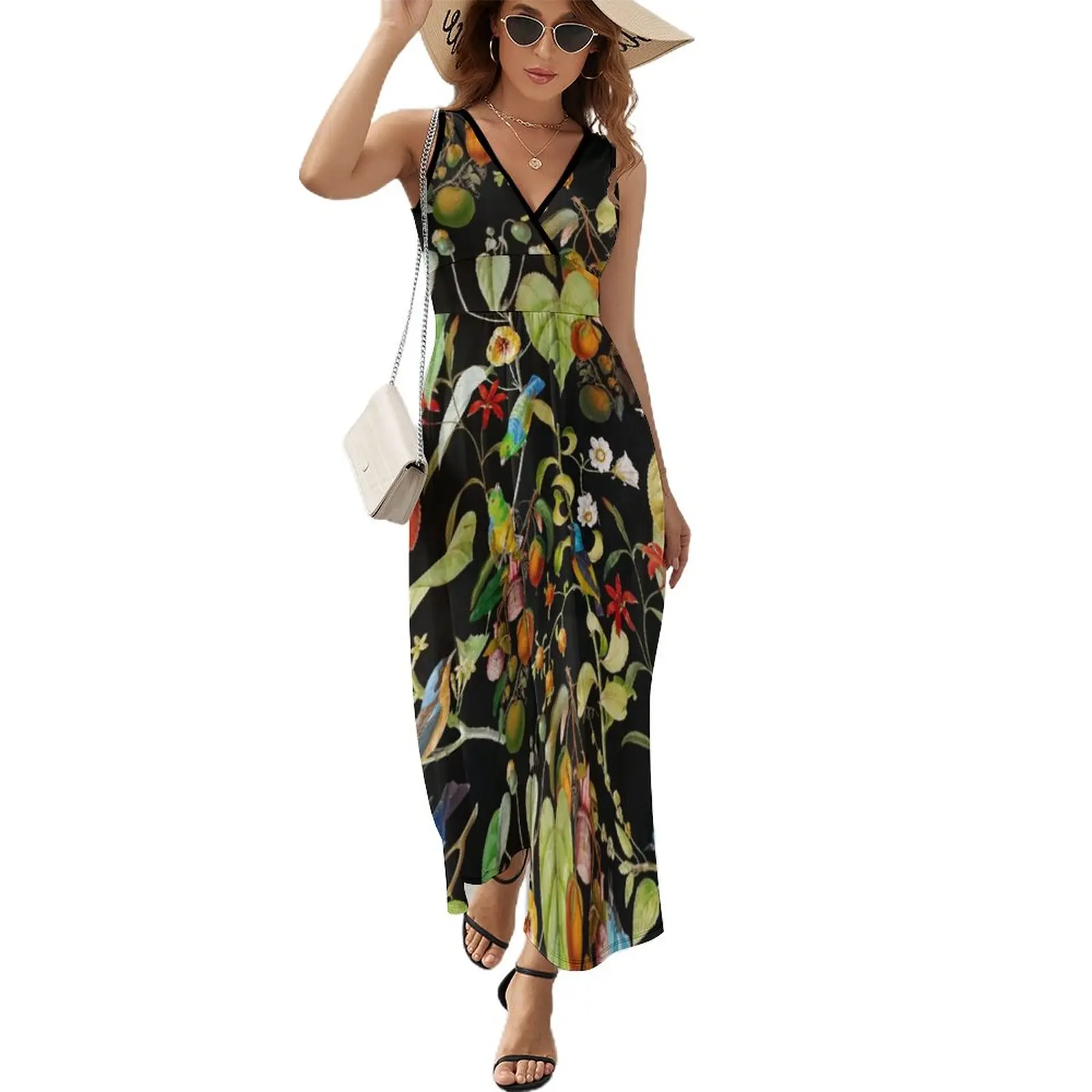 Vintage Tropical Sing Birds And Fruits Pattern Abito Senza Maniche Nero Abiti Da Sera Da Donna