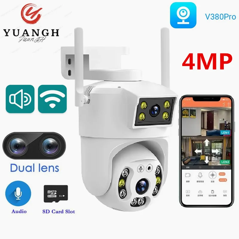 Telecamera Ip Wifi Esterna A Doppia Lente 4Mp V380 Pro Full Color Day And Night Vision Telecamera Ip Di Sicurezza Speed Dome Impermeabile Wireless