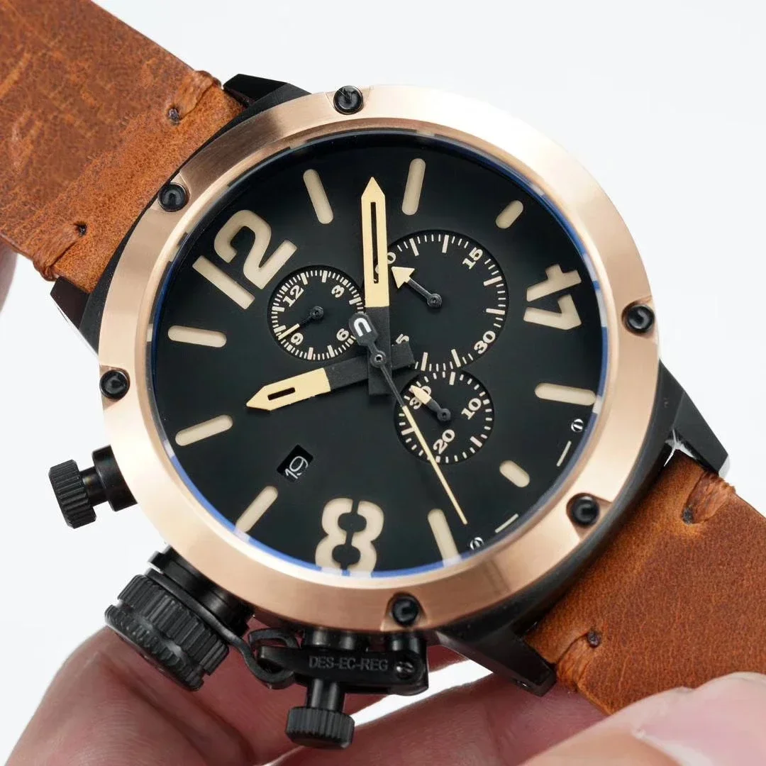 Luxury New Mens Orologio Al Quarzo Cronografo U Cronometro U1001 U72 Chimera Nero Oro Rosa Invecchiato Marrone Barca In Pelle Di Mucca