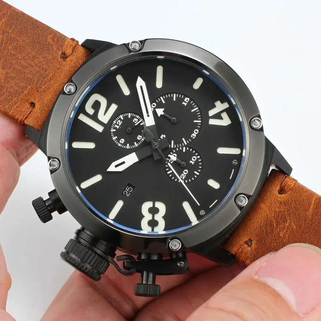 Luxury New Mens Cronografo Al Quarzo U Watch U72 Chimera Brown Black Leather Boat Reloj Hombre