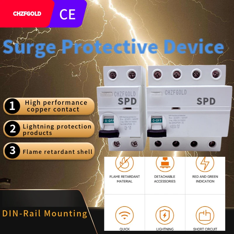 Chzfgold Spd Tipo T1 + T2 House Lightning Surge Protector Protector Arrester Protection 2P 4P 1P + Npe 3P + Npe Eku5