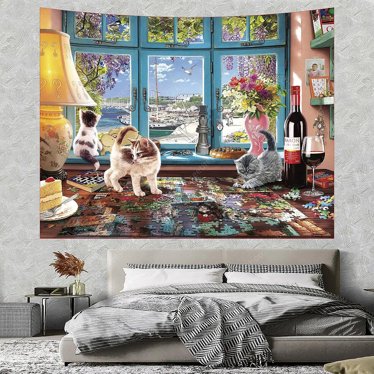 Bohemian Warm Cabin Cat Window Tapestry Wall Hanging For Kawaii Room Decor Camera Da Letto Estetica Living Room Decor Tenda Coperta
