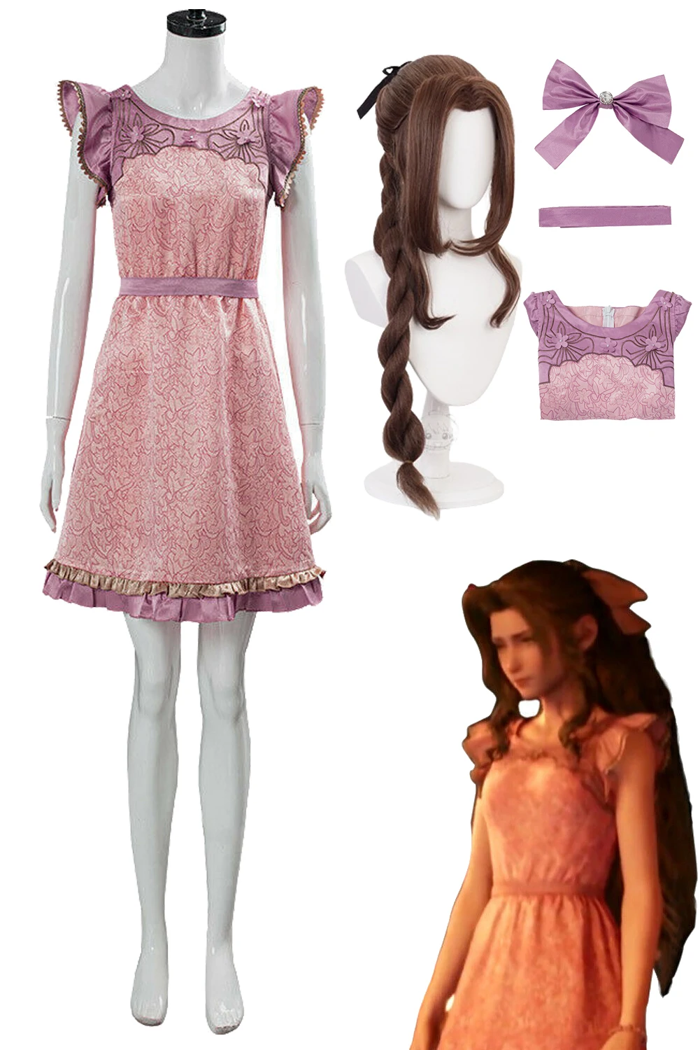 Aerith Women Cosplay Costume Parrucca Ff7 Final Remake Cosplay Fantasy Vii Remake Adulto Fantasia Vestito Travestimento Abiti Da Festa Capelli
