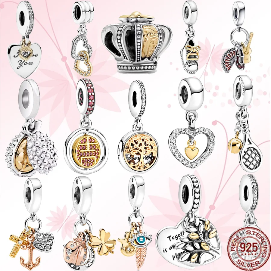 Gioielli Fai Da Te 925 Sterling Silver Durian Crown Clover Family Tree Ciondola Cross Shoe Eye Beads Charm Fit Bracciale Pandora Originale