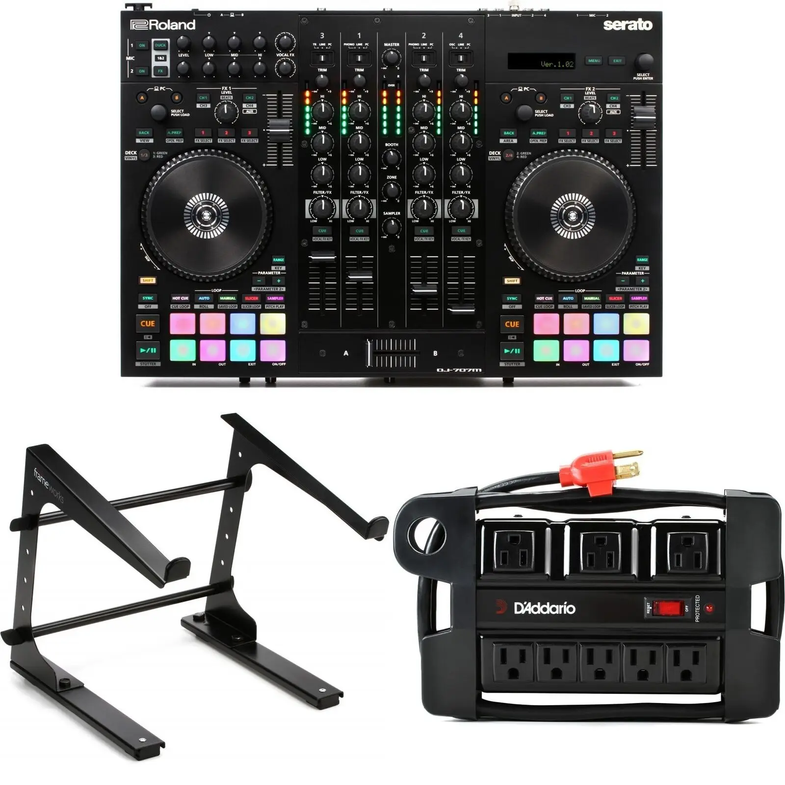 Nuovissimo Controller Roland Dj-707M A 4 Piani Serato Dj Pro Con Supporto Per Laptop E Blocco Di Alimentazione