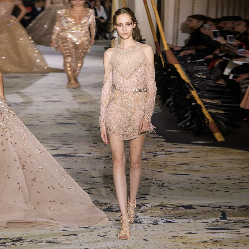 2119 Zuhair Murad Nappe Di Cristallo Rosa Maniche Lunghe Lunghezza Corta Vestidos De Noche Vestidos De Galaevening Dresses Pzock 34920.