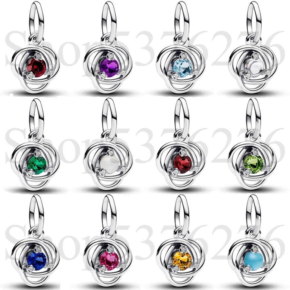 925 Sterling Silver Bead Eternity Circle Dodici Mesi Birthstone Ciondola Charm Fit Pandora Women Bracciale Bangle Gift Gioielli Fai Da Te