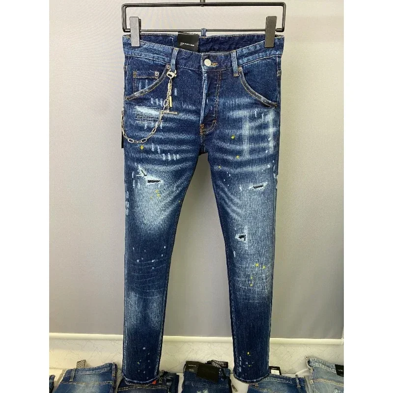 Hot Metal Chains Uomo Elastico Strappato Skinny Biker Dsq2 Jeans Buco Distrutto Slim Fit Denim Jeans Hip Hop Blu Di Alta Qualità