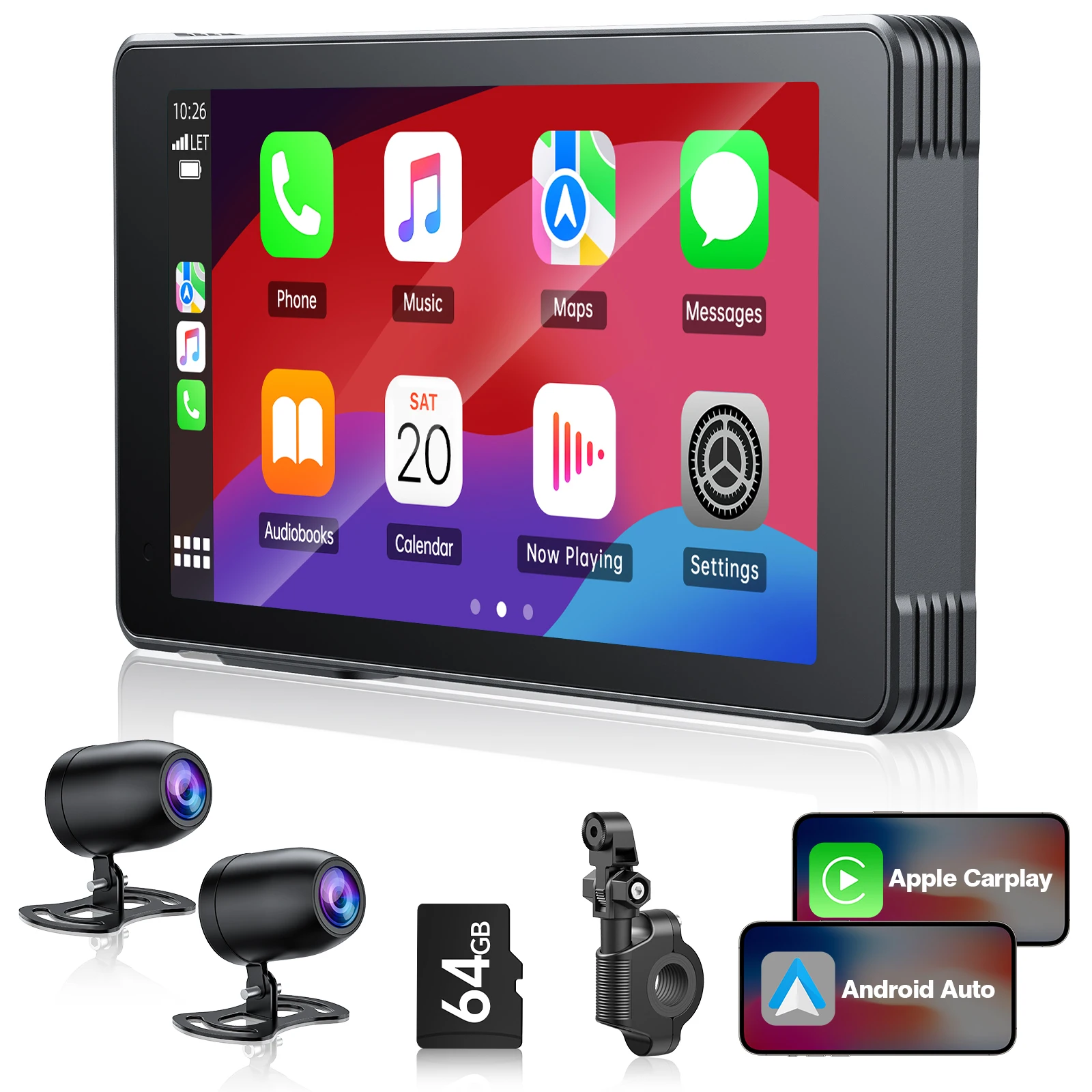 Toguard Display Wireless Apple Carplay Da 5.5 ''Per Moto, Auto Android, Fotocamera Dash Cam 2K + 1080P, Touch Screen, Impermeabile Ip67
