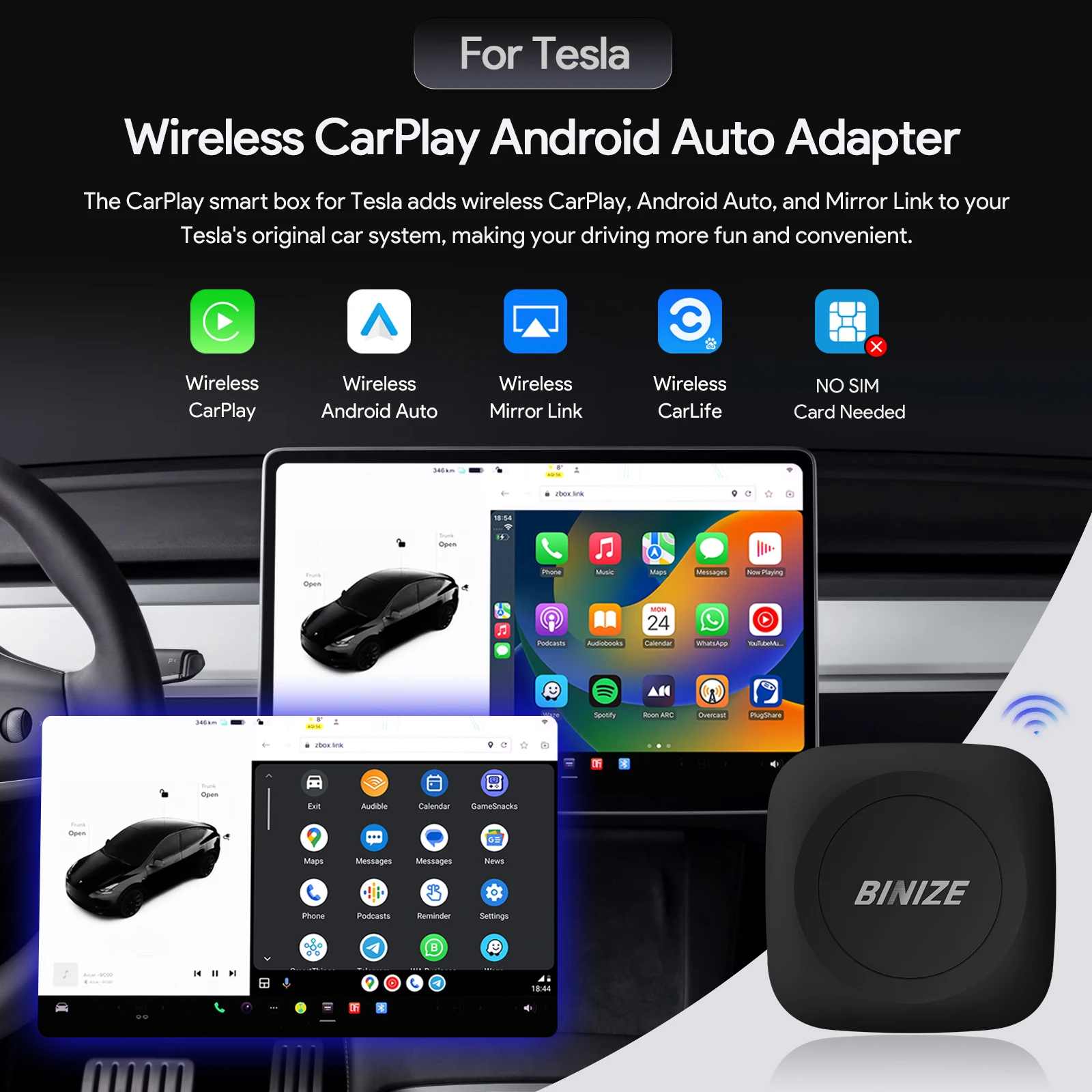 Binize Wireless Carplay Adapter Per Tesla Tesla Model 3 Model Y Wireless Carplay E Android Auto Waze Spotify Ota Upgrade