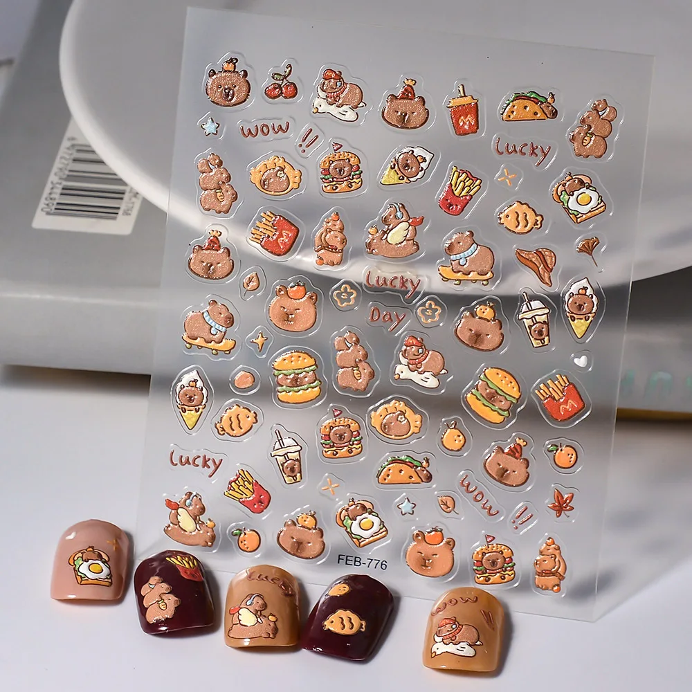 1 Foglio Kawaii Cartoon Brown Puppy 5D Stickers Hamburg Nail Decal Accessori Per Manicure Emboss Charm Nail Art Decoration