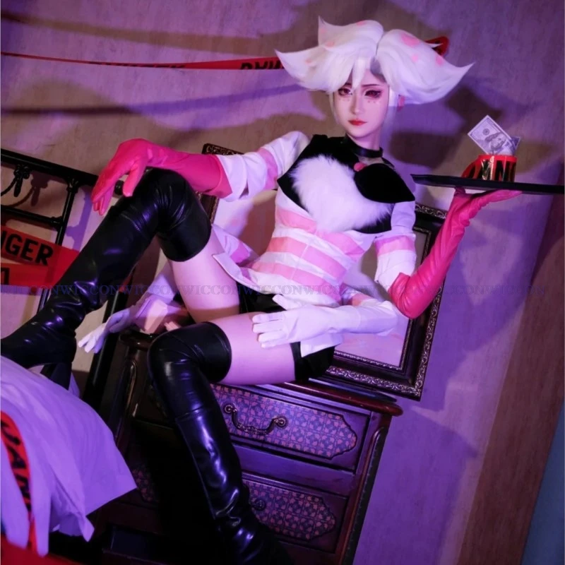 Anime Hazbin Angel Dust Cosplay Hotel Costume Parrucca Uniforme Cosplay Charlie Sexy Dress Stripes Unisex Halloween Party Cosplay Suit