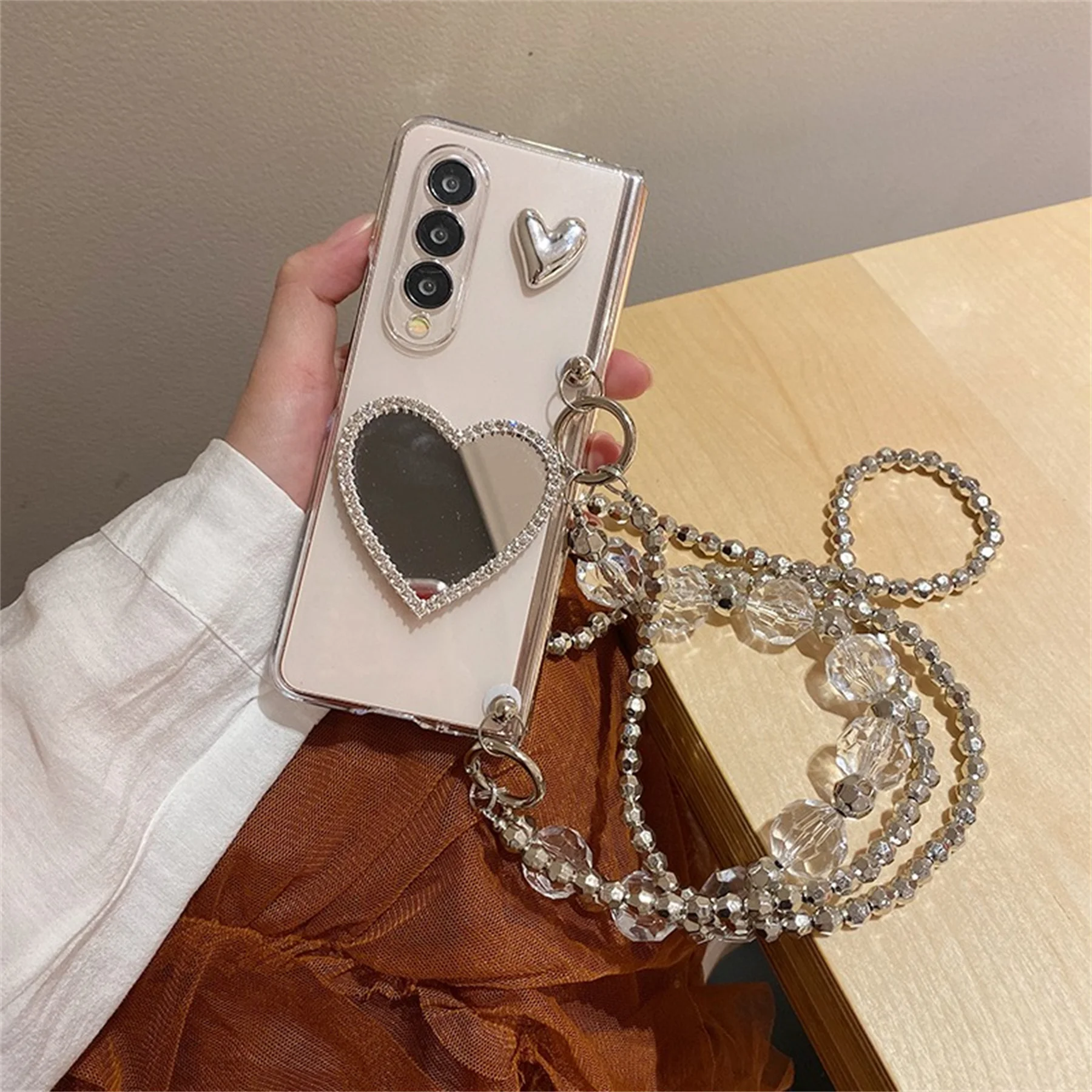 Custodia Di Lusso Con Cordino A Tracolla Per Samsung Galaxy Z Fold 5 Z Fold 6 Z Fold 4 3 Love Heart Glitter Mirror Cover Trasparente