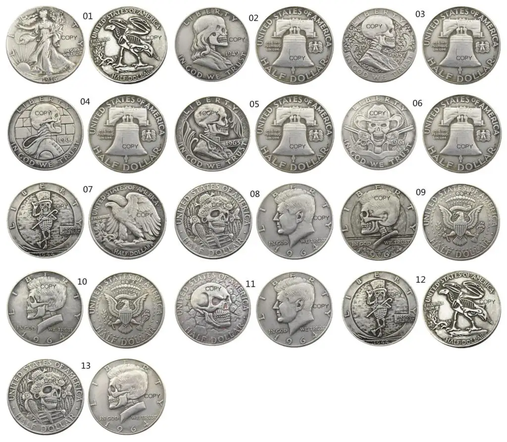 Us Hobo Mix 13 Pezzi Diversi Tipi Walking/ Franklin/Kennedy Silver Half Dollar Skull Zombie Skeleton Intagliato A Mano Copy Coins