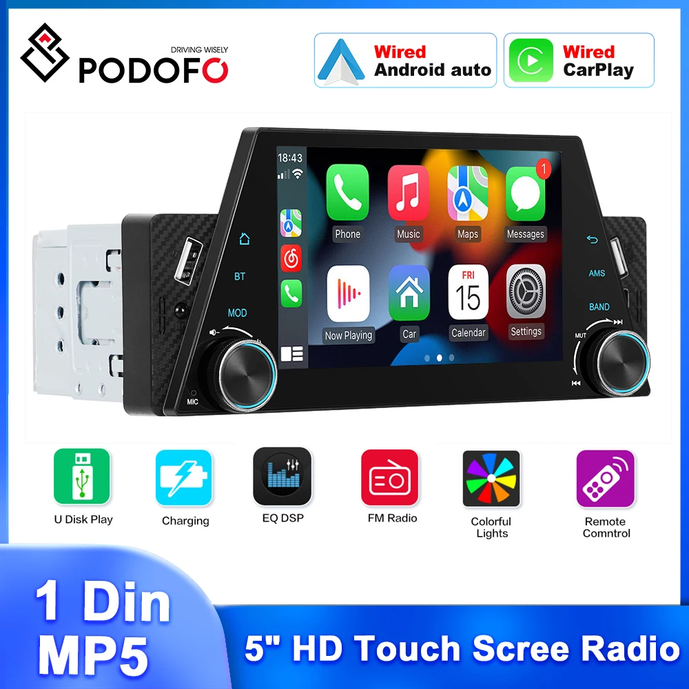 Podofo Wired Carplay 1Din Mp5 Player Wired Android Auto 5 Pollici Lettore Mp5 Mirror Link Eq Music Audio Bluetooth Usb E Porta Di Tipo C