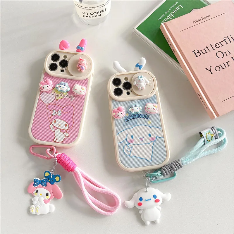 Sanrio Cute Pibnk My Melody Cinnamoroll Custodia Per Telefono Per Iphone 13 14Pro Max 15 Cartoon Diy Toy Move Windows Key Hanging Rope Case