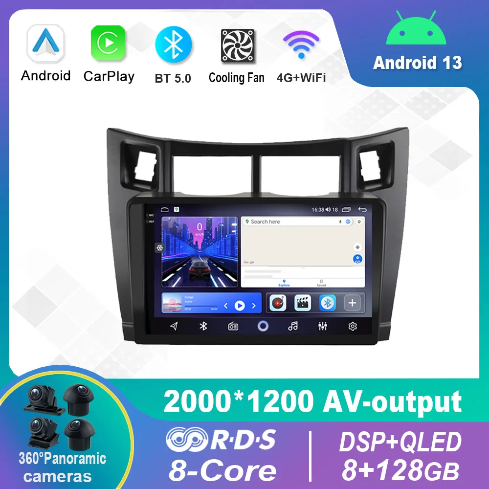 Autoradio Stereo Con Schermo Multimediale Android 13.0 Per Toyota Yaris Xp90 2005 - 2011 Navigazione Gps Carplay