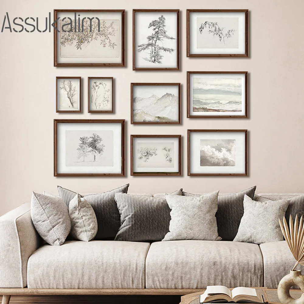 Vintage Wall Art Prints Botanical Herbararium Canvas Poster Sketch Mountain Art Prints Nordic Wall Poster Living Room Wall Decor