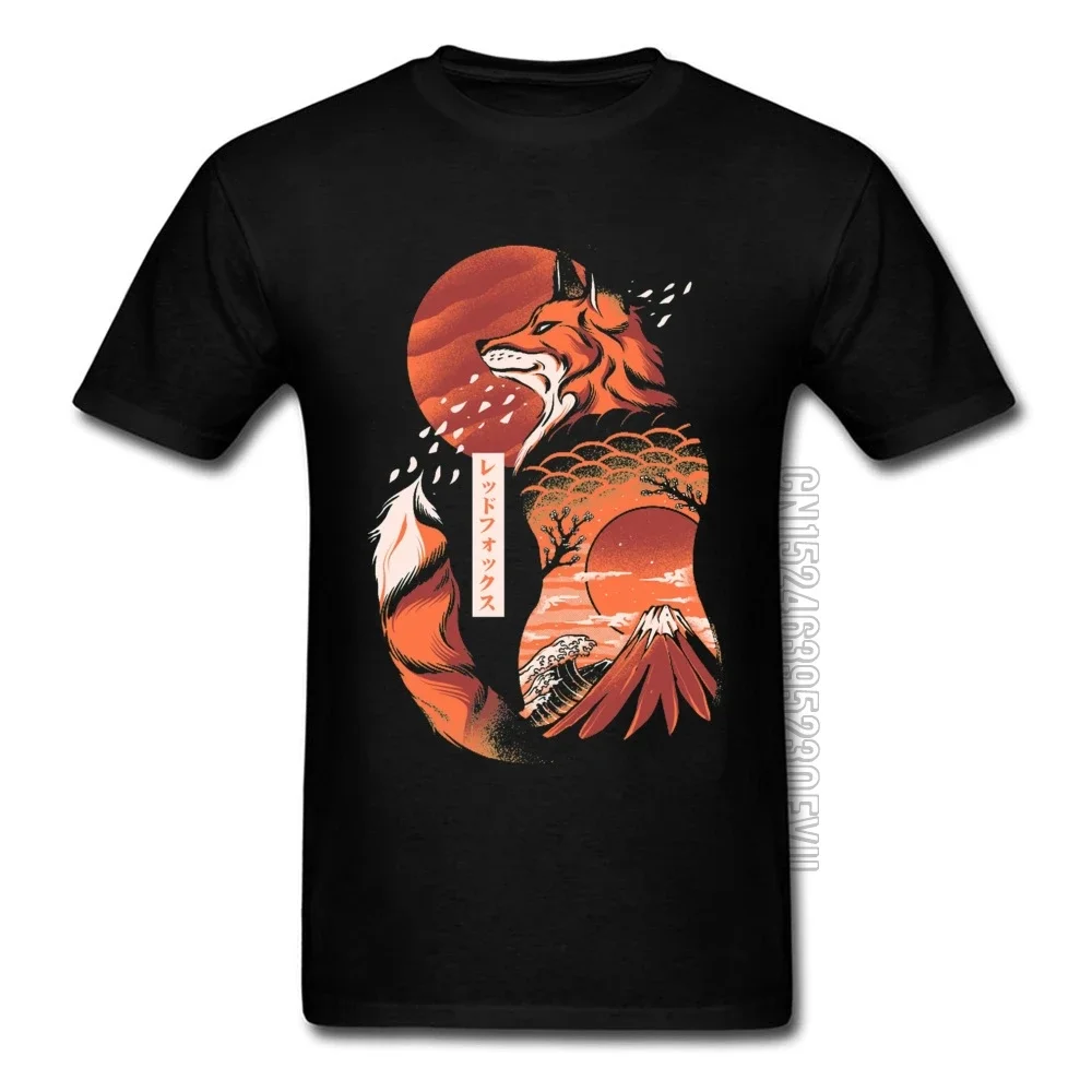 Japanese Fox Hokusai Wave Fuji Mount Sunset Classic Magliette Art Design Mountain Sakura Landscape Men T Shirt Print Black Great
