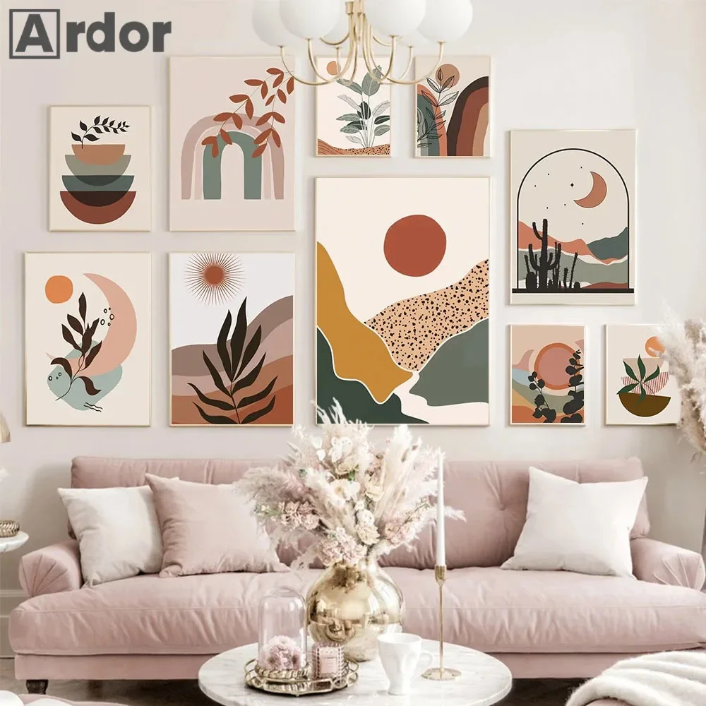 Boho Poster Abstract Mountain Rainbow Sun Moon Canvas Painting Leaf Art Prints Mid Century Wall Pictures Living Room Home Decor