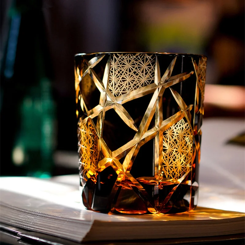250Ml Amber Whisky Crystal Glass Lightning Edo Kiriko Rock Tumbler Tazza Di Vino Giapponese Intagliato Cognac Brandy Snifter Dropshipping