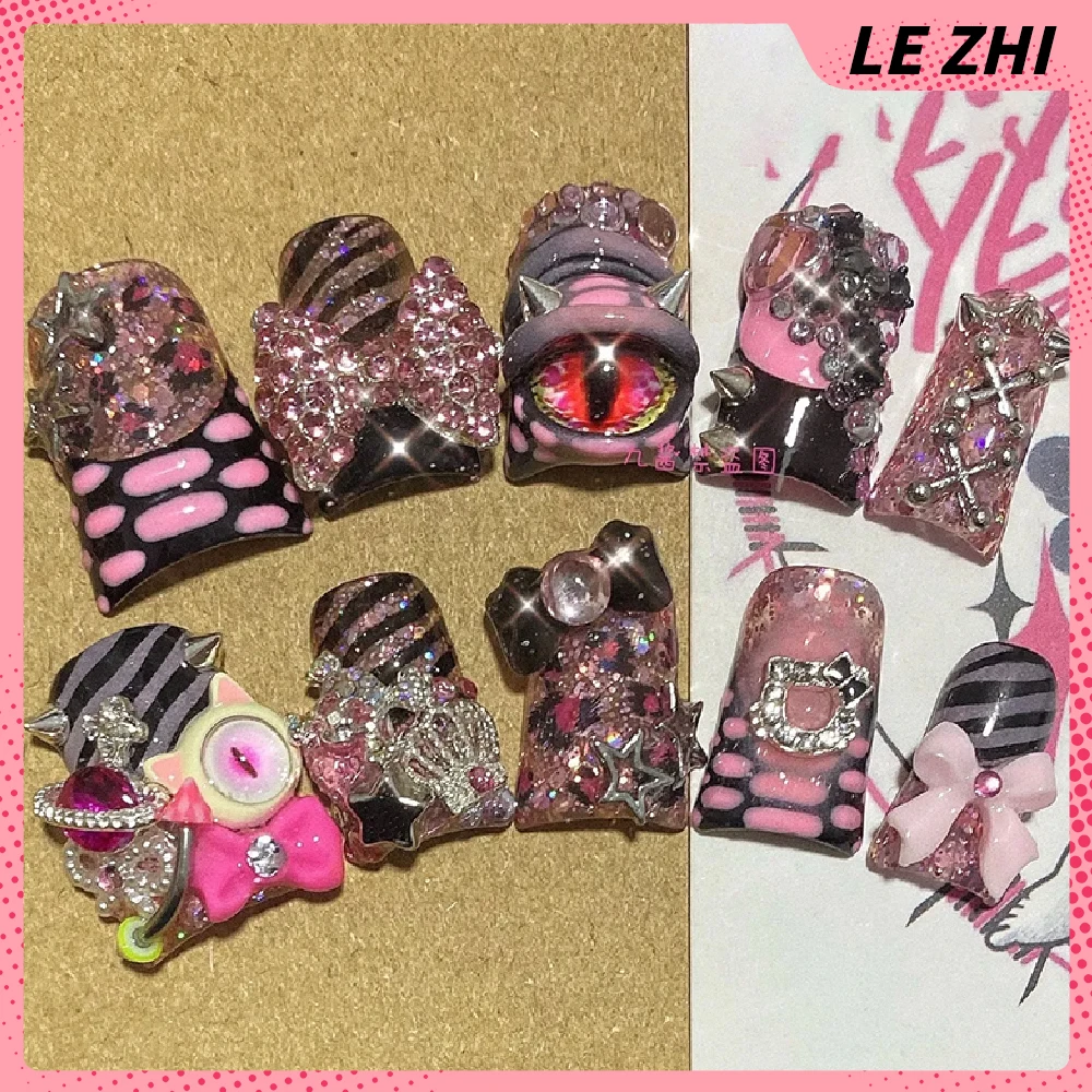 Y2K Duck-Bill Hello Kitty Unghie Finte Devil'S Eye Leopard Design Bow Pink Gothic Punk Wearable Press On Nails Regalo Di Festa