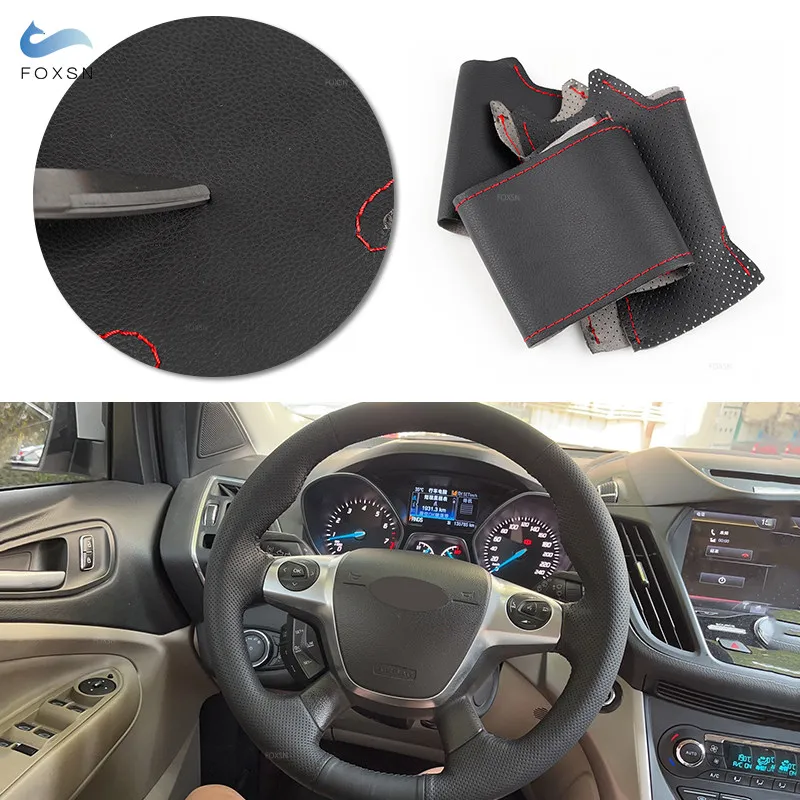 Car Steering Wheel Leather Cover Hand Sewing For Ford Focus 3 2012 - 2014 C-Max 2011 - 2014 Kuga Escape 2013 2014 2015 2016