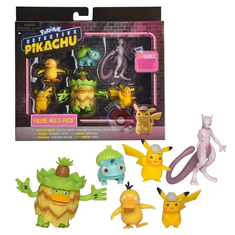 Pokemon Anime Figure Mewtwo Bulbasaur Pikachu 6Pcs Famoso Detective Set Pet Action Figure Model Toy