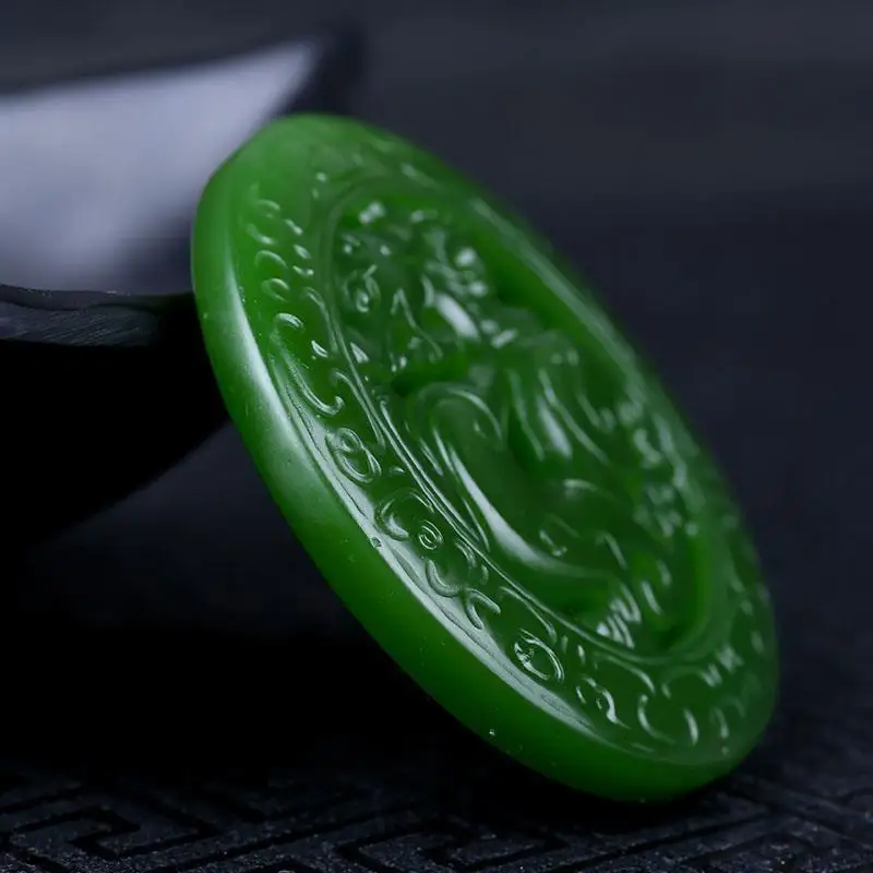 Hetian Jade Imitation Ancient Dragon Pendant Double Sided Intagliato Spinaci Green Hollowed Out Treasure Transport Dragon Pendant