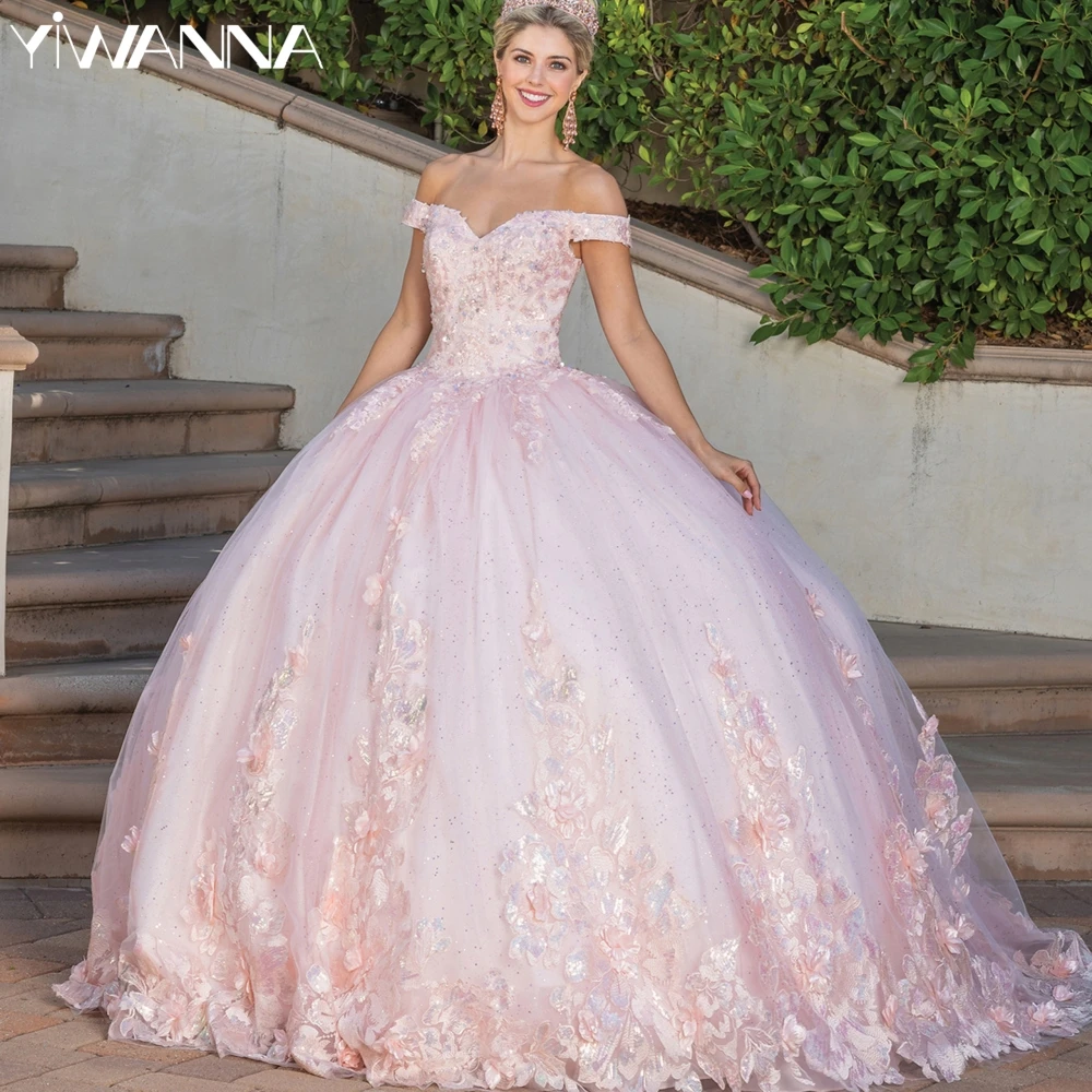 Graceful Off The Shoulder Quinceanera Abiti Sparkly Paillettes Appliques Ball Gown Luxury Pink Mexican Sweet 16 Abiti 15 Anos