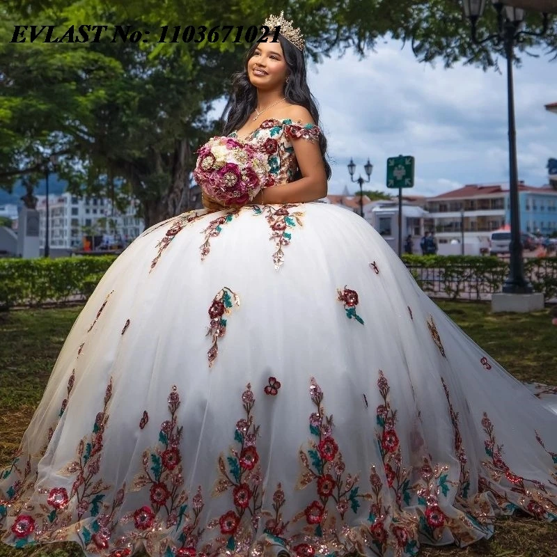 Evlast Mexican White Quinceanera Dress Ball Gown Colorful 3D Floral Applique Beading Corsetto Sweet 16 Vestidos De Xv 15 Anos Sq21