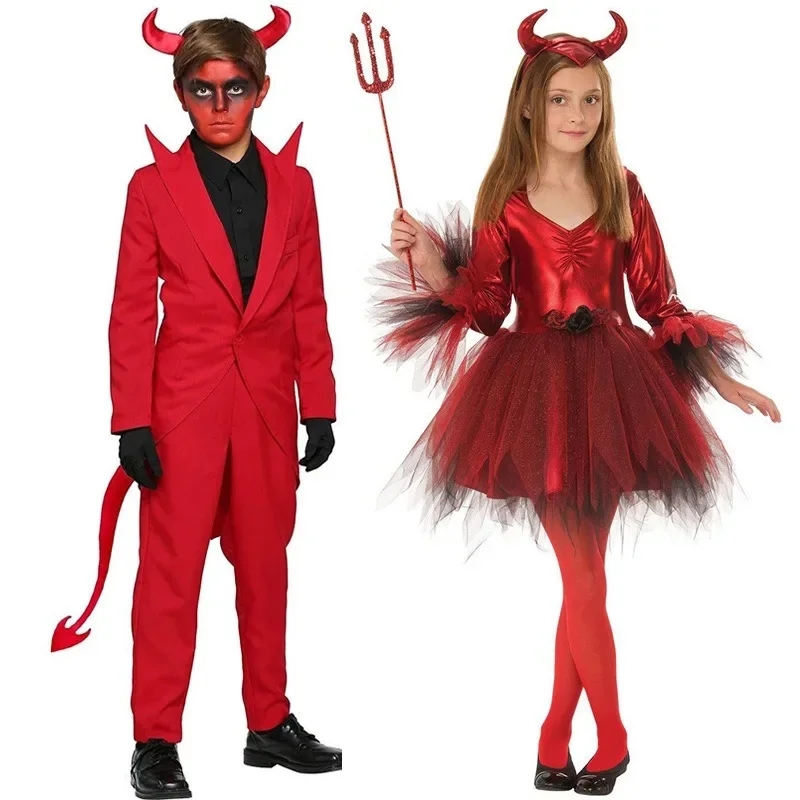 Aristocacy Europea Vampire Kids Red Demon Devil Evil Jacket Pants Dress Halloween Cosplay Costumes Boys Girls Bull Ghost Party